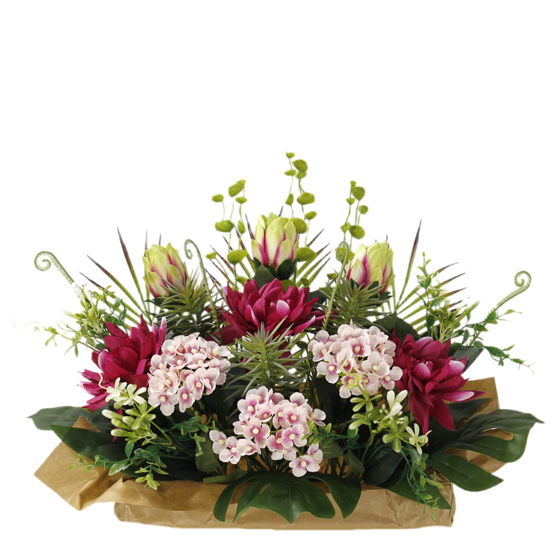 Jardinera de flores artificiales burdeos y rosa para cementerio